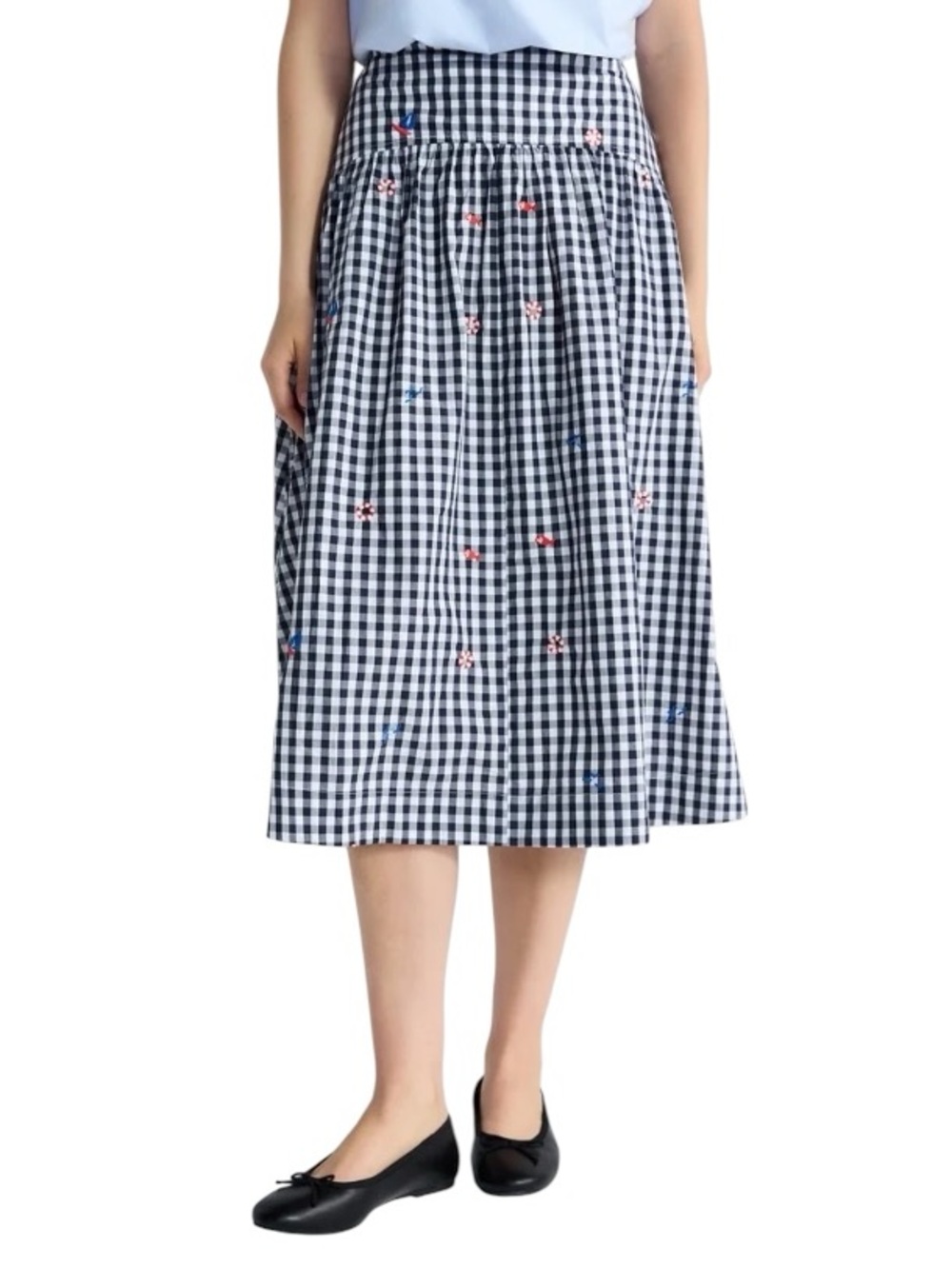 FREE ASSEMBLY Black White Gingham Midi Skirt with Nautical Embroidery